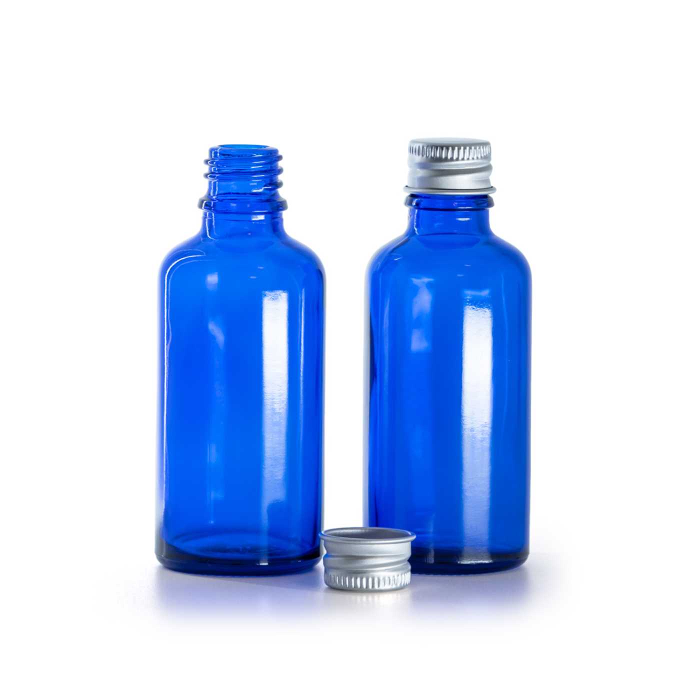 Flacon en verre bleu, bouchon en aluminium, 50 ml