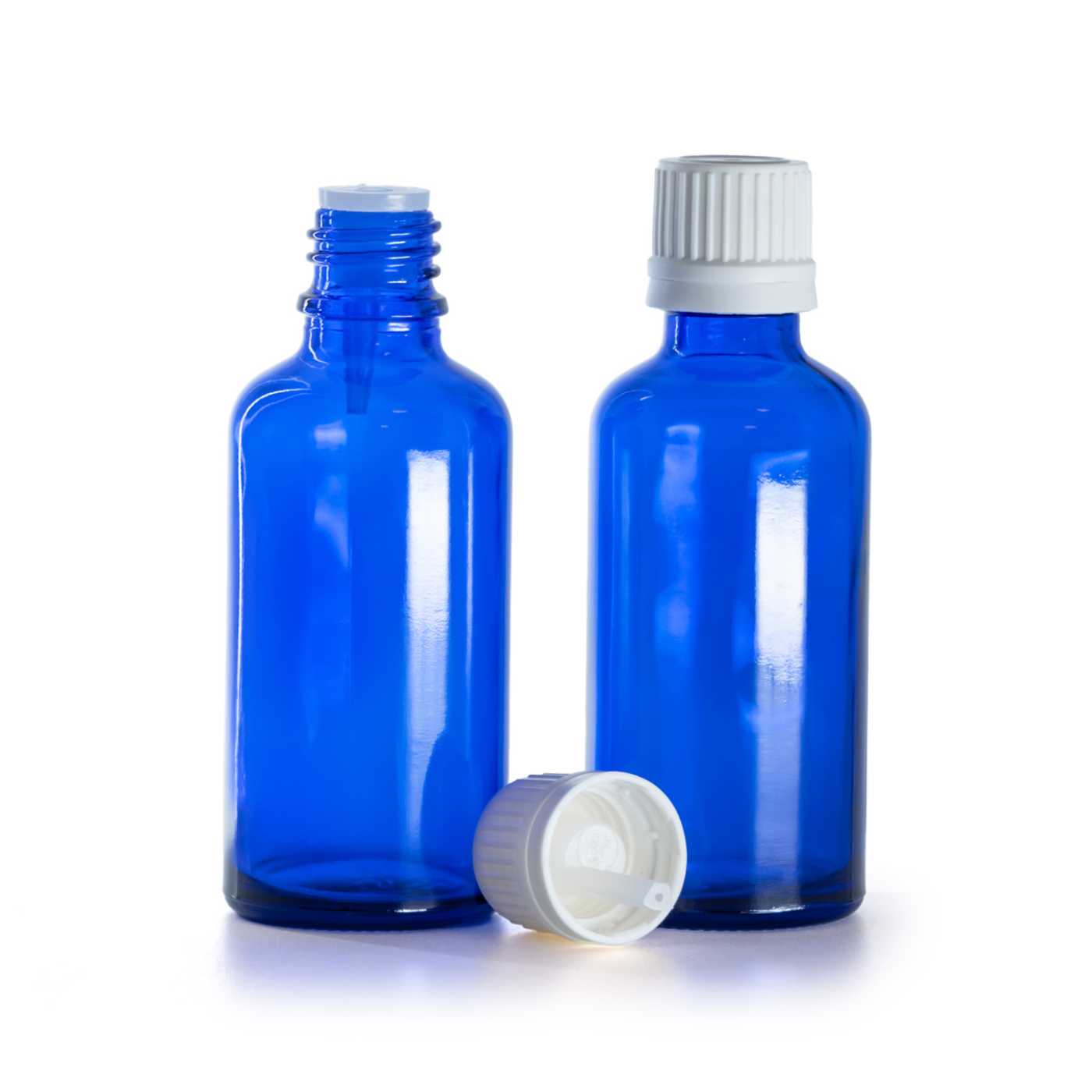 Butelka szklana, niebieska, biała nakrętka z kroplomierzem, 50 ml