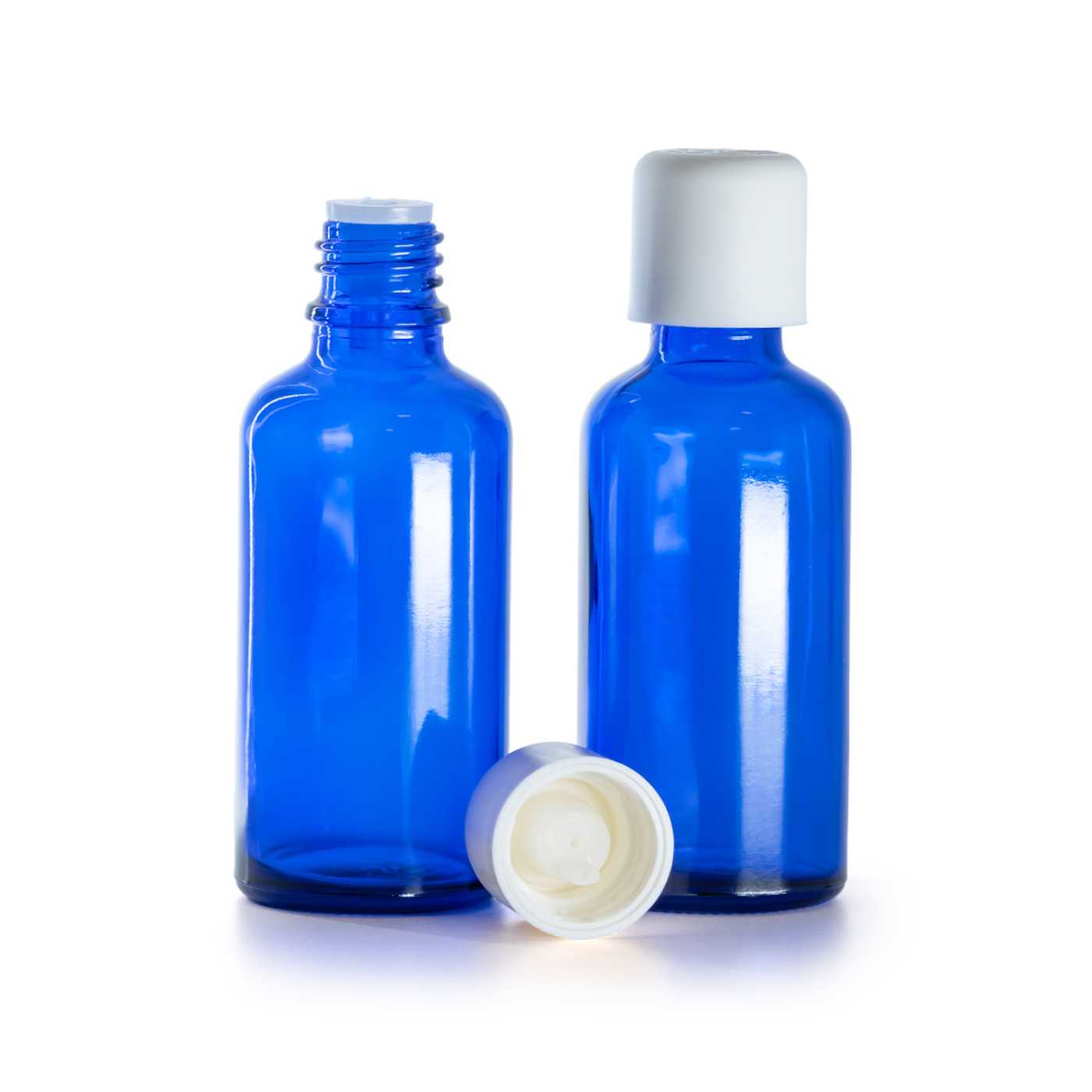 Butelka szklana, niebieska, biała nakrętka z zabezpieczeniem, 50 ml
