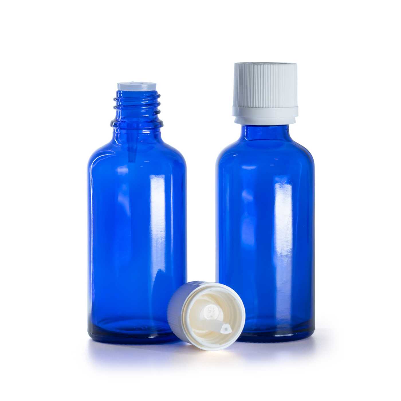 Butelka szklana, niebieska, biała nakrętka ryflowana z zabezpieczeniem, 50 ml