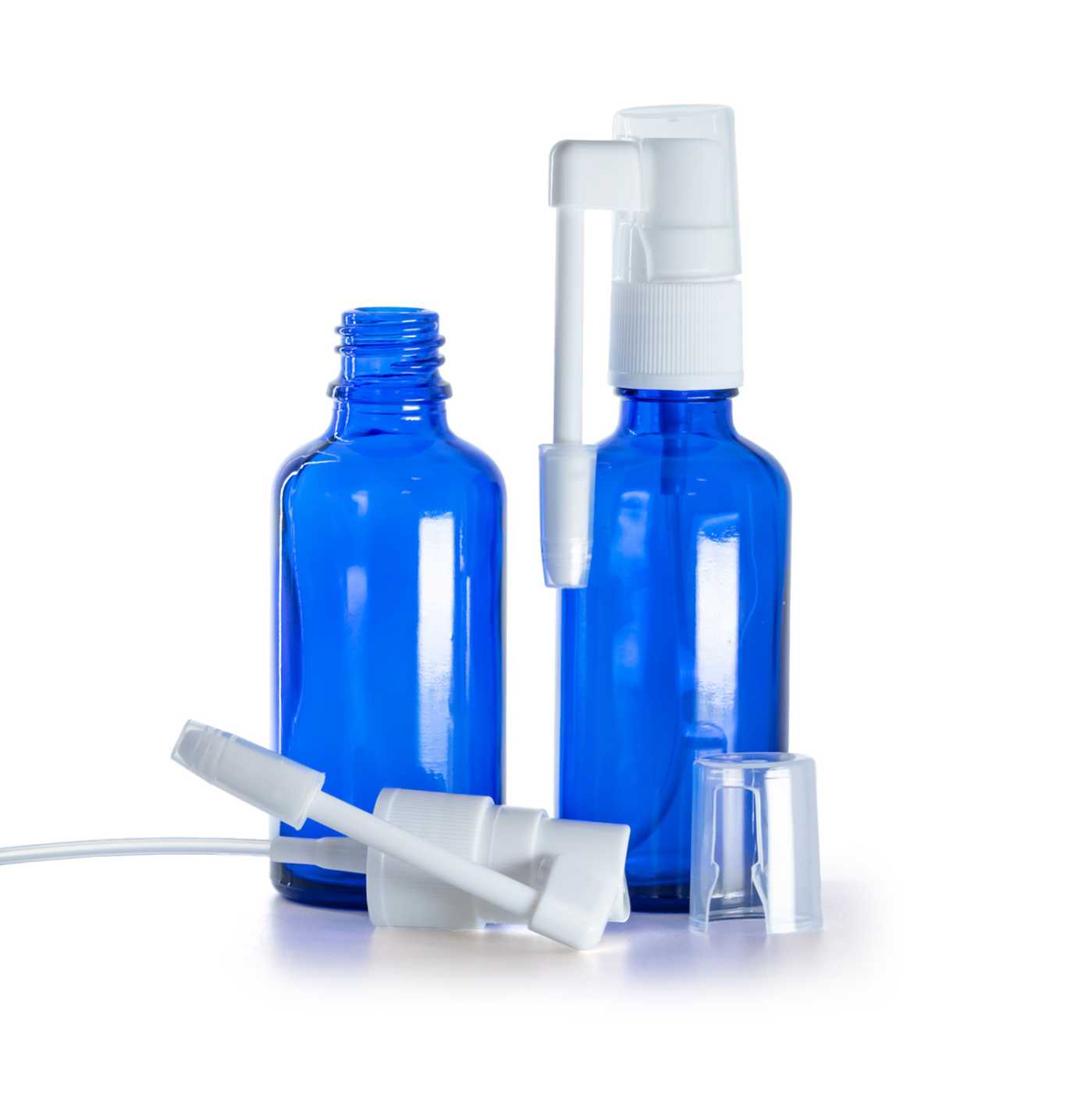 Blaue Glasflasche, Mundsprühkopf, 50 ml