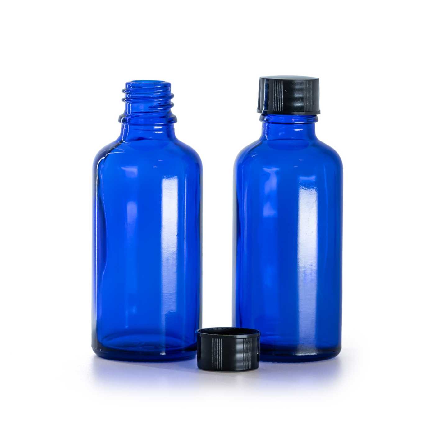 Blaue Glasflasche mit schwarzem Verschluss 50 ml