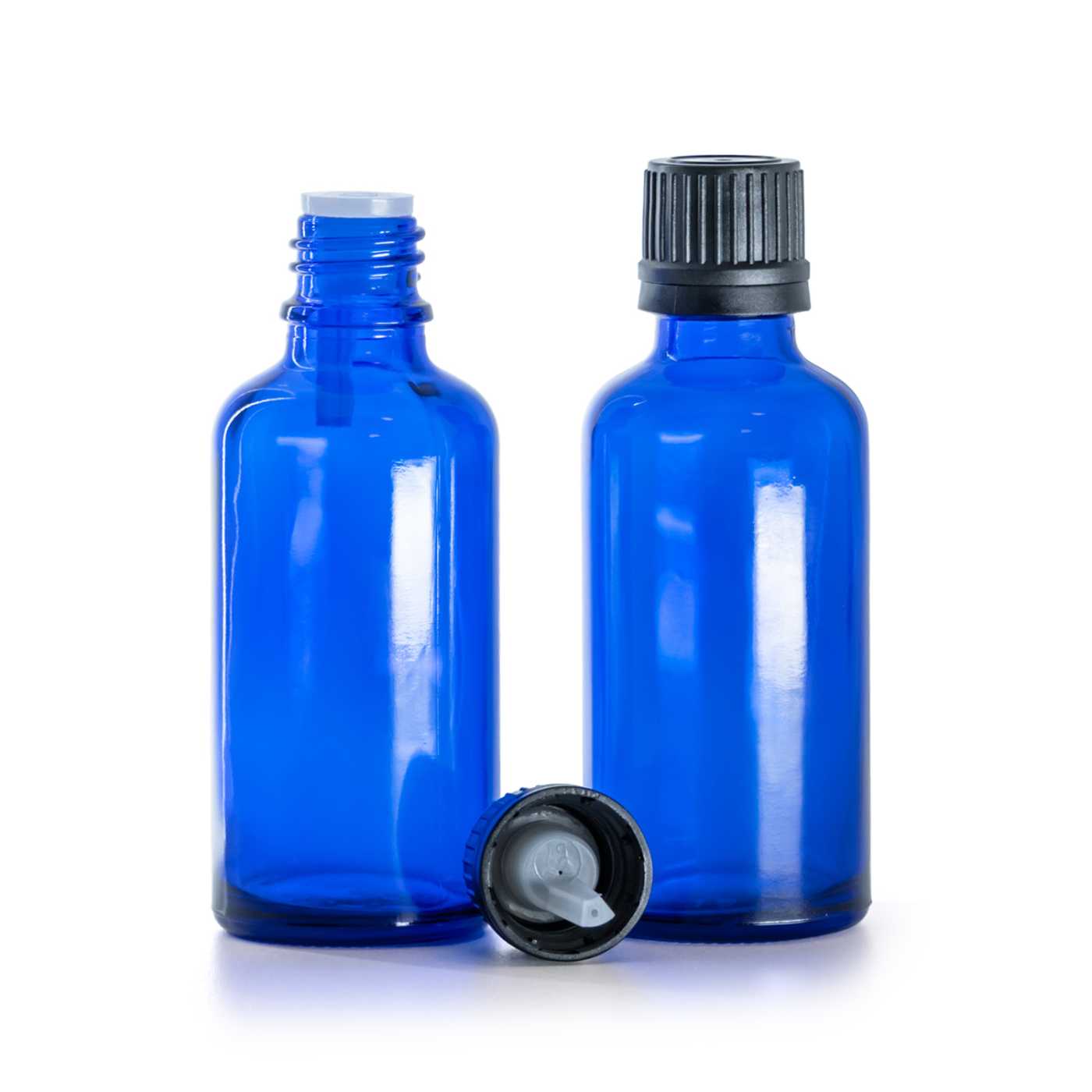 Butelka szklana, niebieska, czarna nakrętka z kroplomierzem, 50 ml