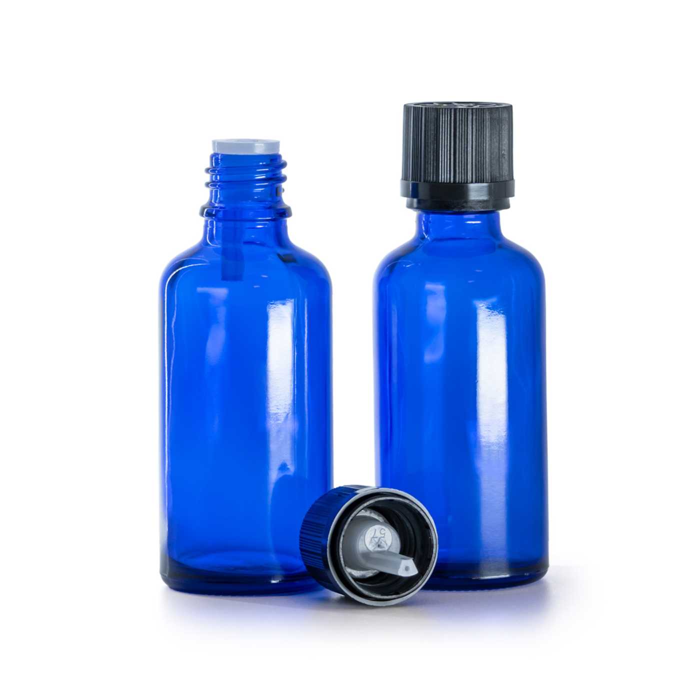 Butelka szklana, niebieska, czarna nakrętka ryflowana z zabezpieczeniem, 50 ml