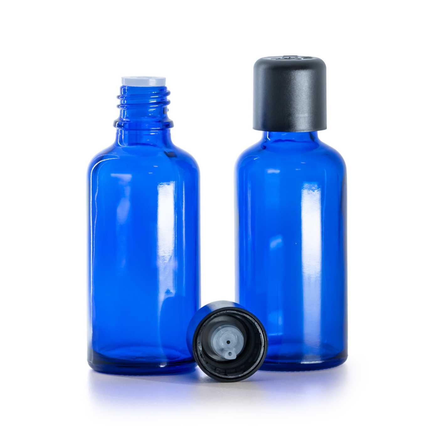 Blaue Glasflasche 50 ml mit schwarzem Originalitätsverschluss und Tropfer