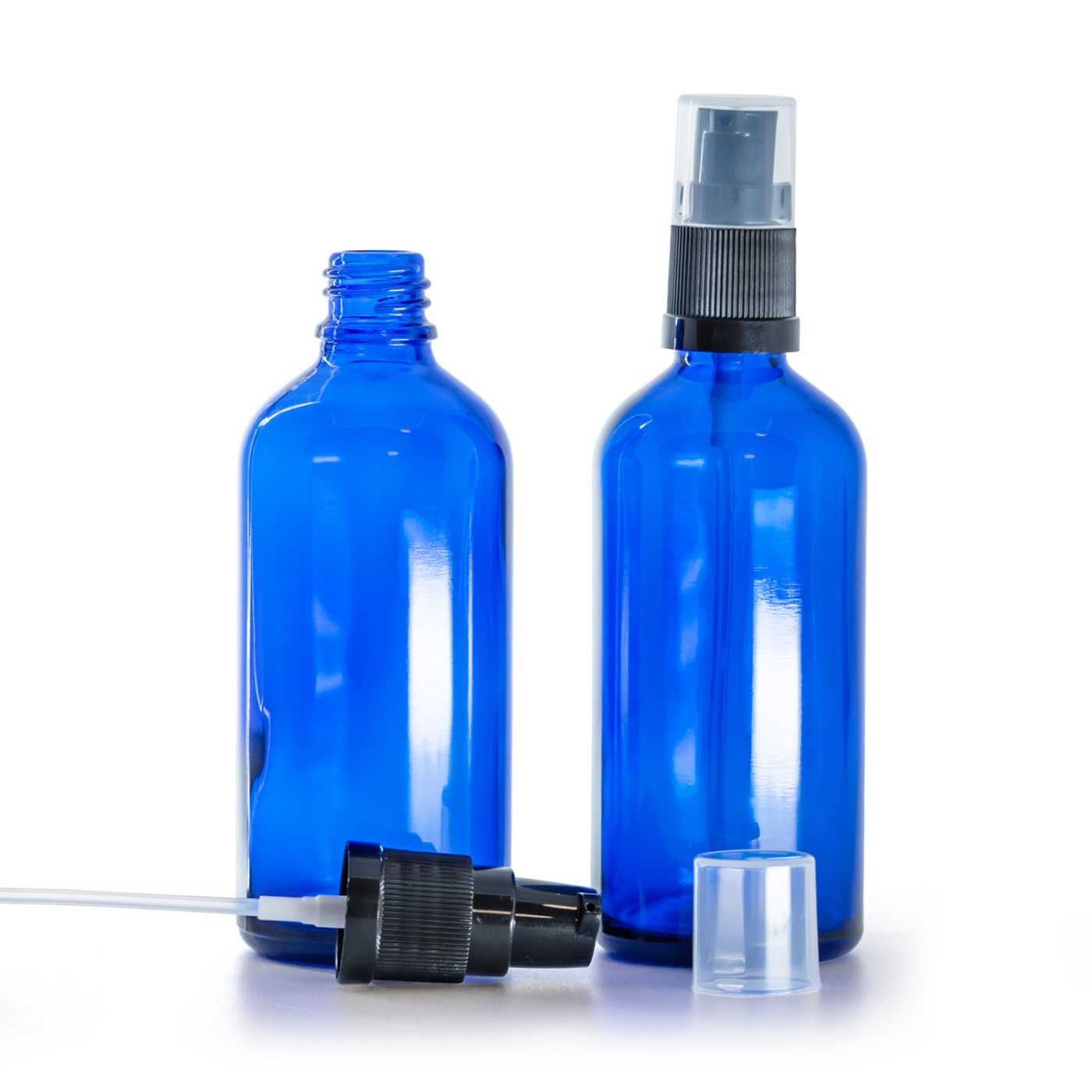 Modrá skleněná lahvička, dávkovač na krém, 100 ml