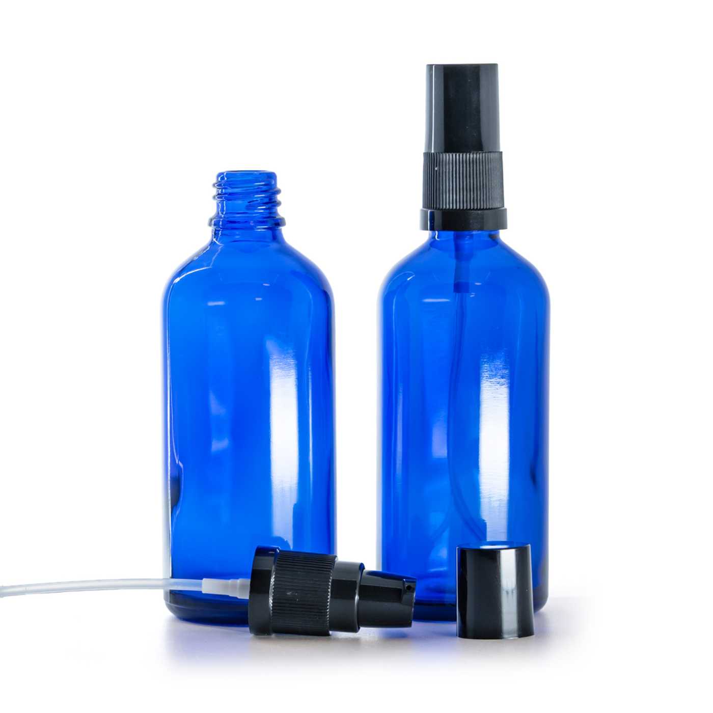 Blaue Glasflasche mit schwarzem Lotionspender und schwarzer Kappe, 100 ml