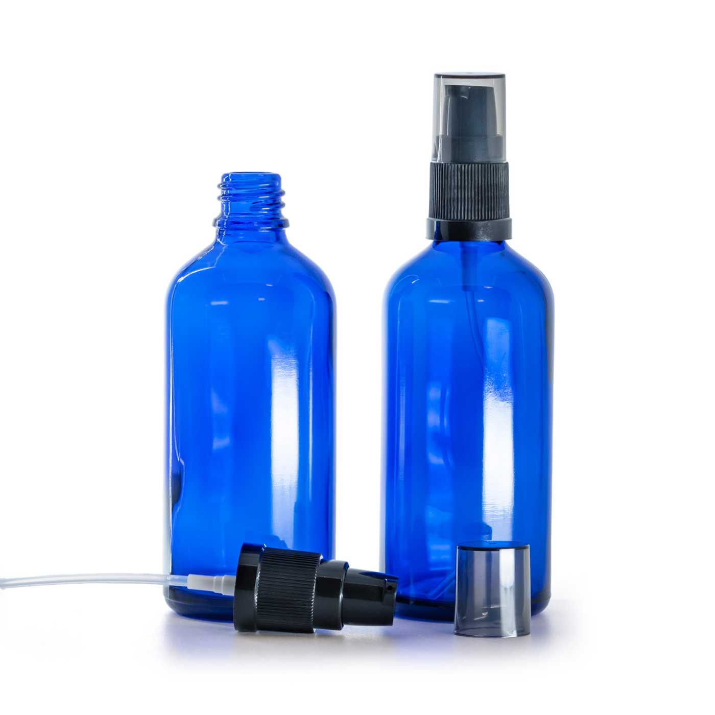 Frasco de vidrio azul, bomba para loción con sobretapa ahumada, 100 ml
