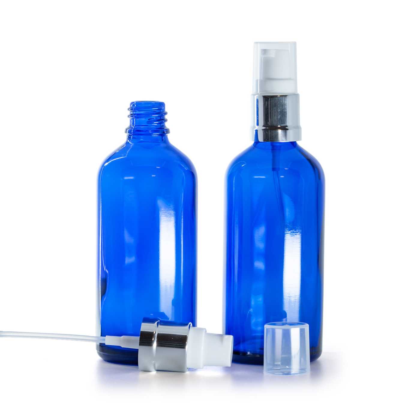 Blaue Glasflasche, glänzender weiß-silberner Spender, 100 ml