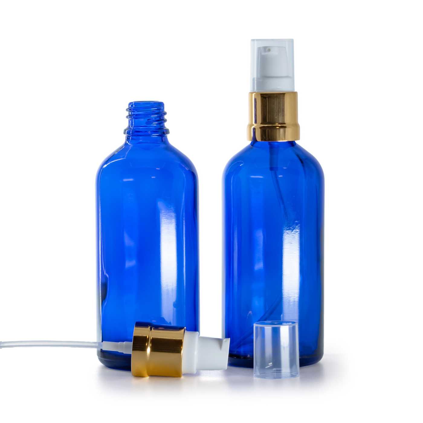 Blaue Glasflasche, glänzender weiß-goldener Spender, 100 ml