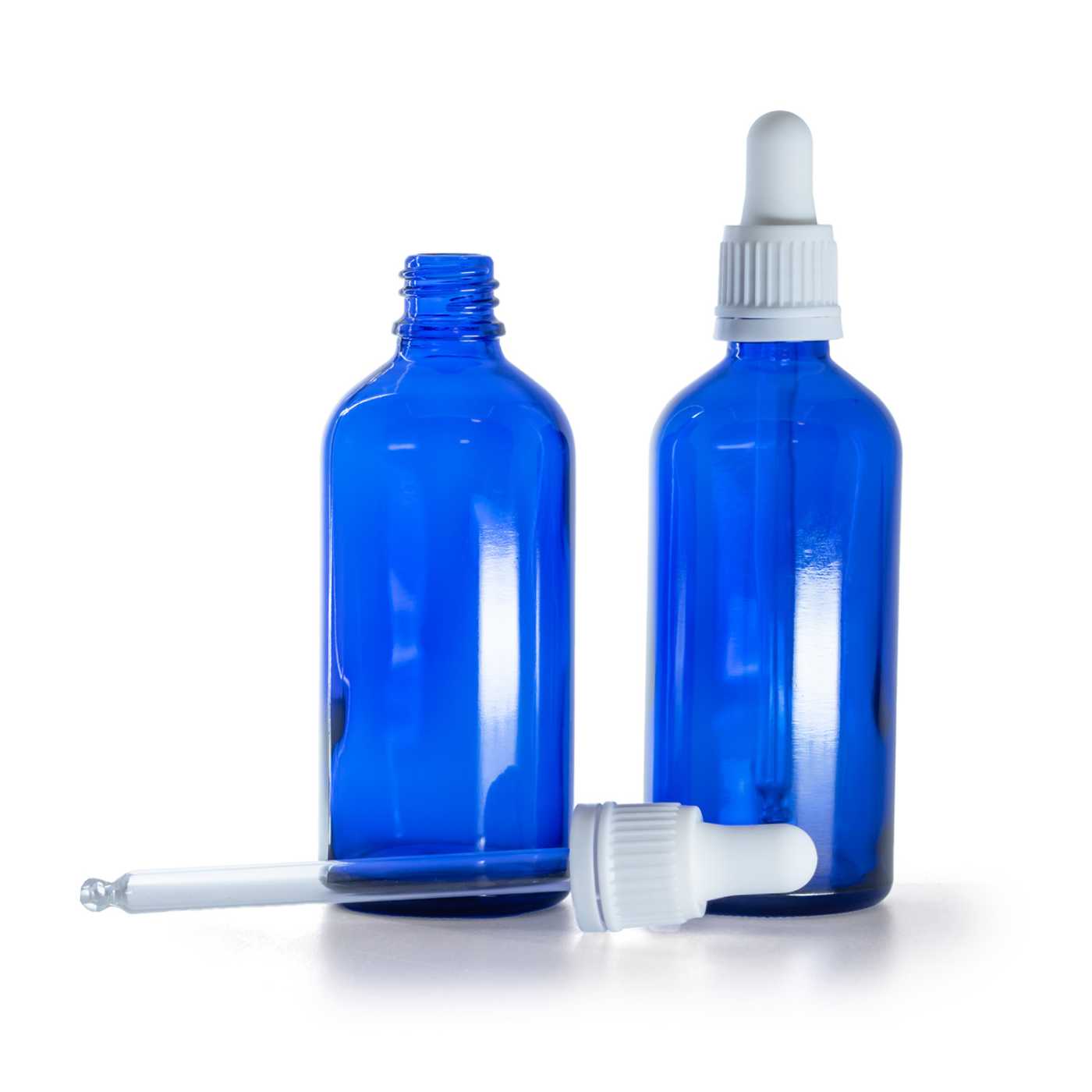 Blaue Glasflasche mit weißer Pipette 100 ml
