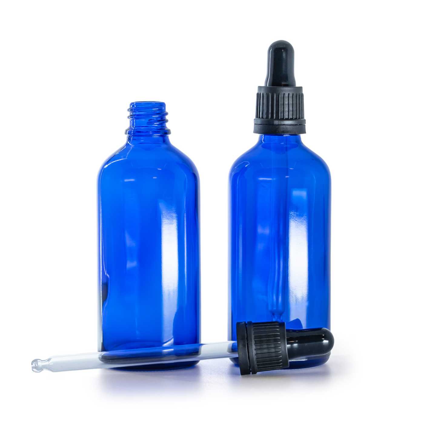 Blaue Glasflasche mit schwarzer Originalitäts-Glaspipette, 100 ml