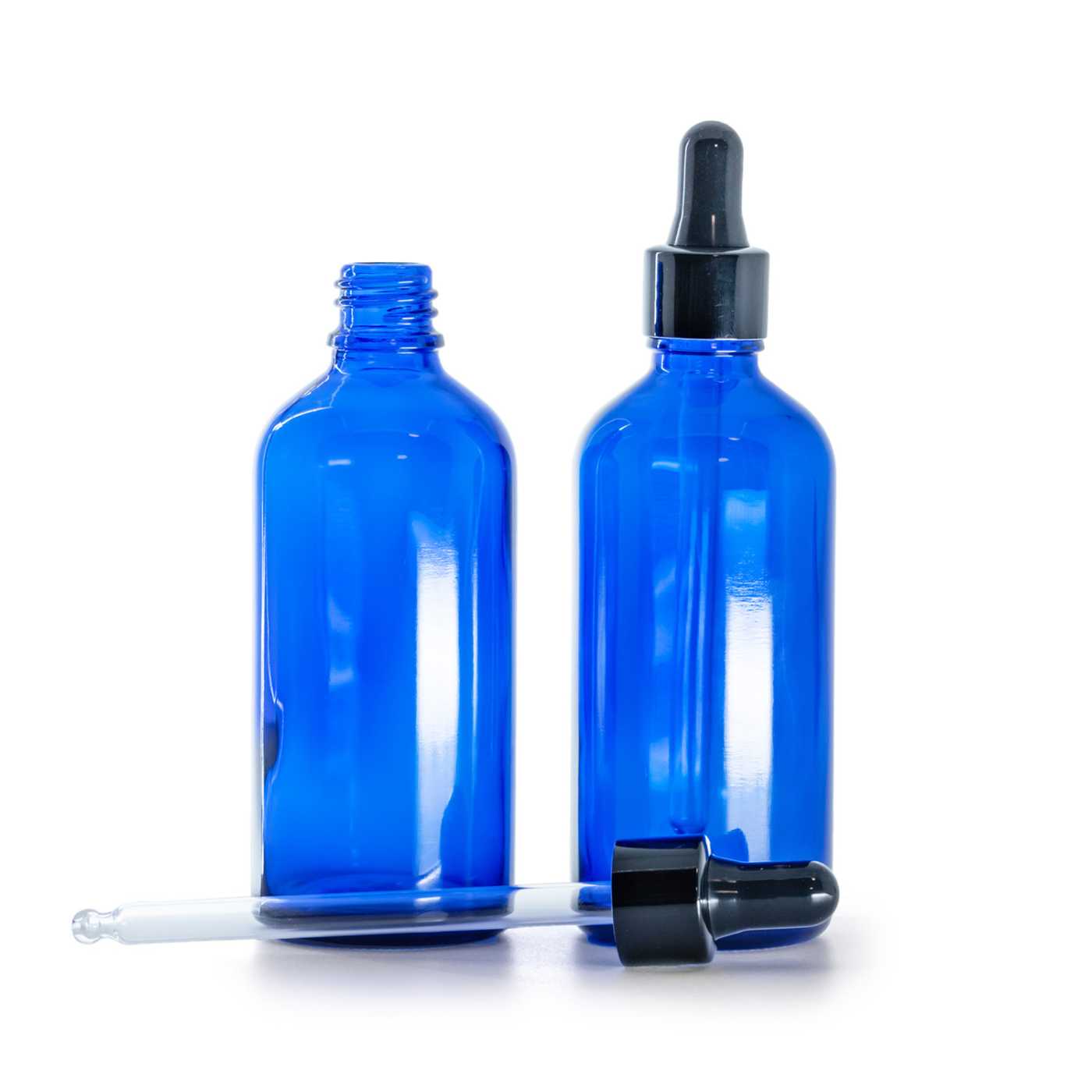 Blaue Glasflasche mit glänzender schwarzer Pipette, 100 ml
