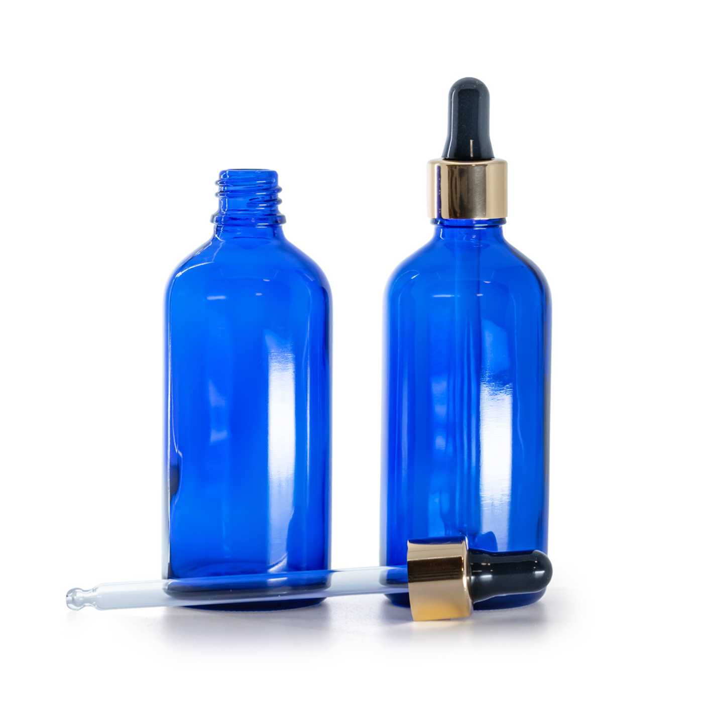 Blaue Glasflasche mit schwarz-goldener Pipette 100 ml