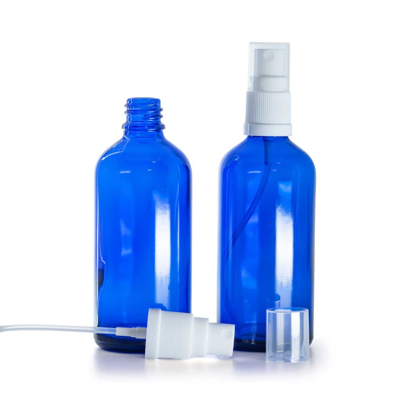 Butelka szklana, niebieska, biały atomizer, 100 ml