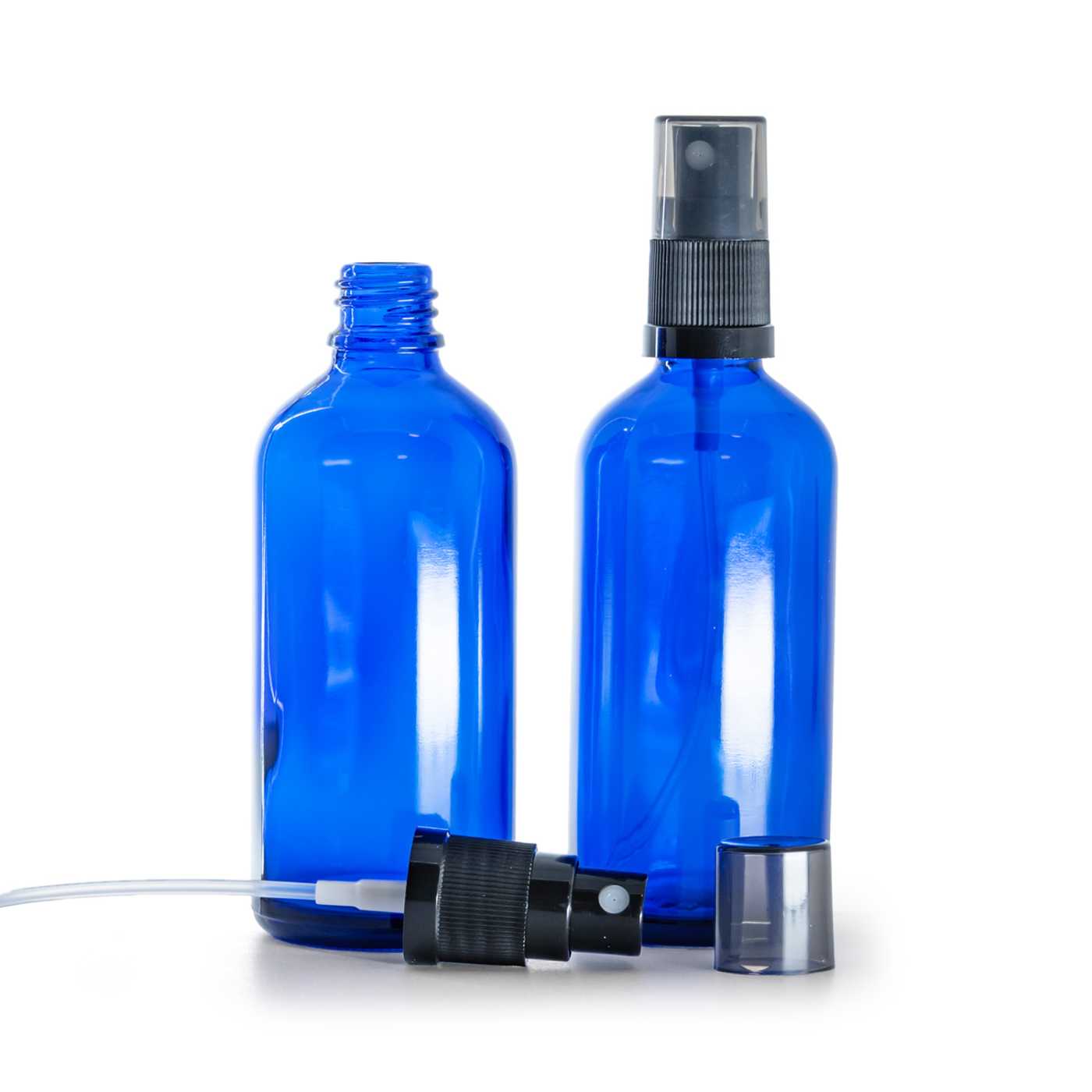 Butelka szklana, niebieska, czarny atomizer, przydymiona nakładka, 100 ml