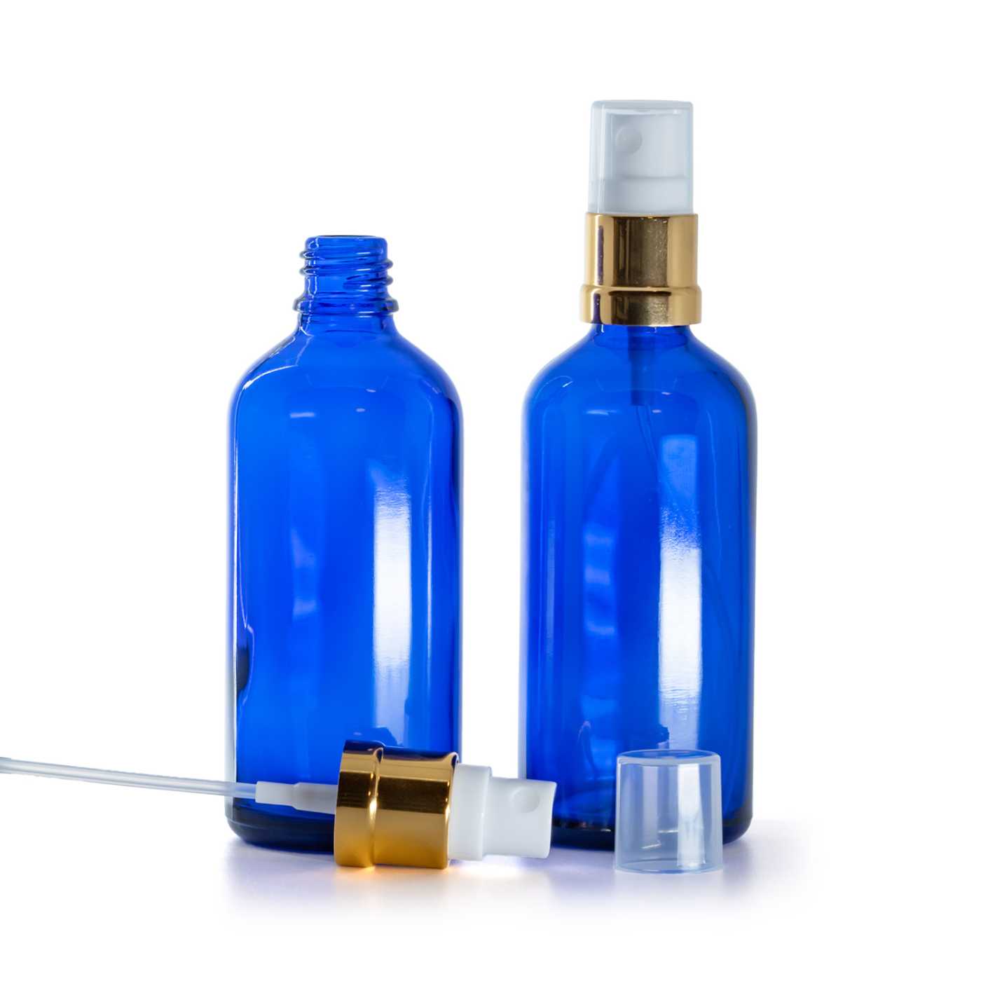 Butelka szklana, niebieska, biało-złoty atomizer, 100 ml