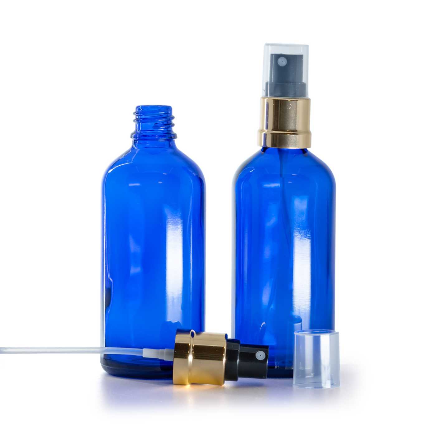 Butelka szklana, niebieska, czarno-złoty atomizer, 100 ml