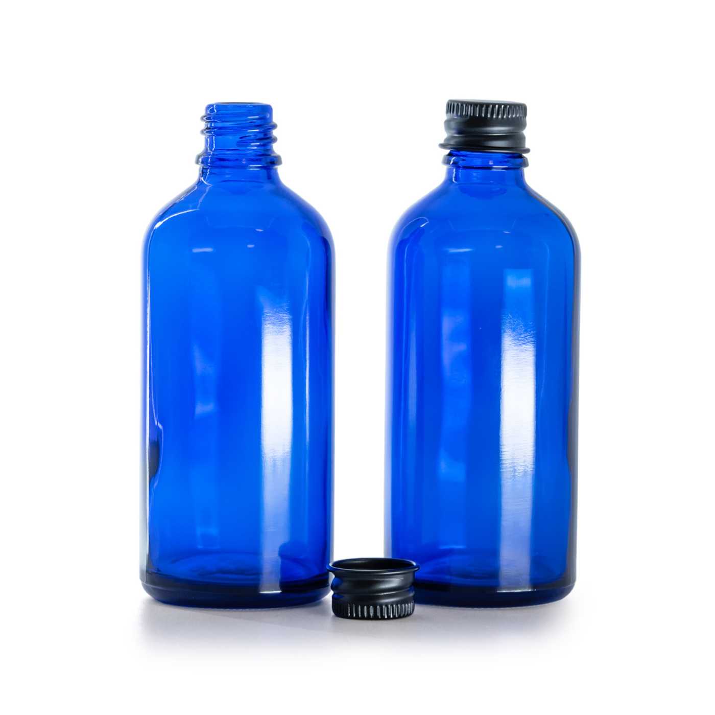 Butelka szklana, niebieska, czarna nakrętka aluminiowa, 100 ml