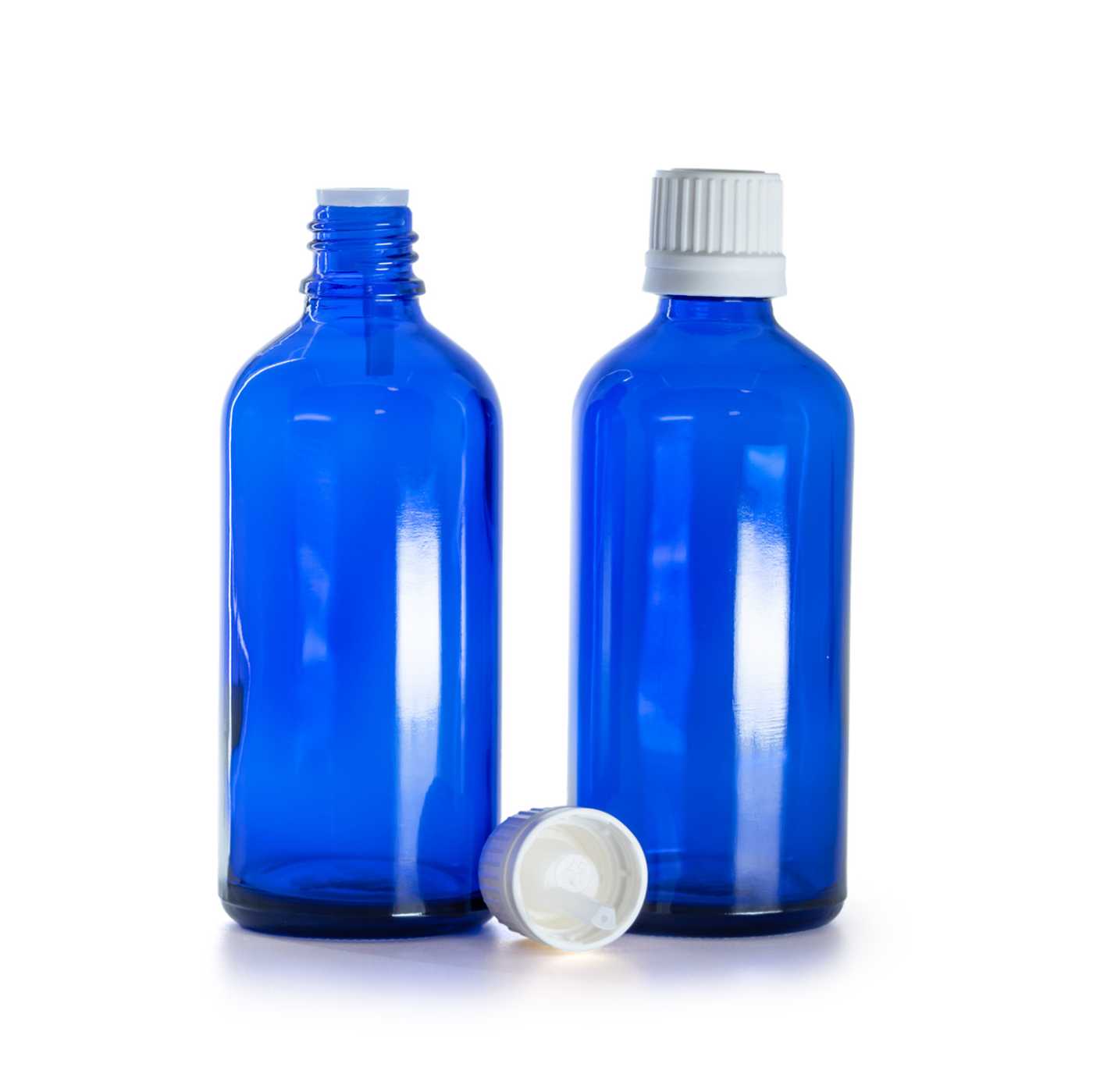 Butelka szklana, niebieska, biała nakrętka z kroplomierzem, 100 ml