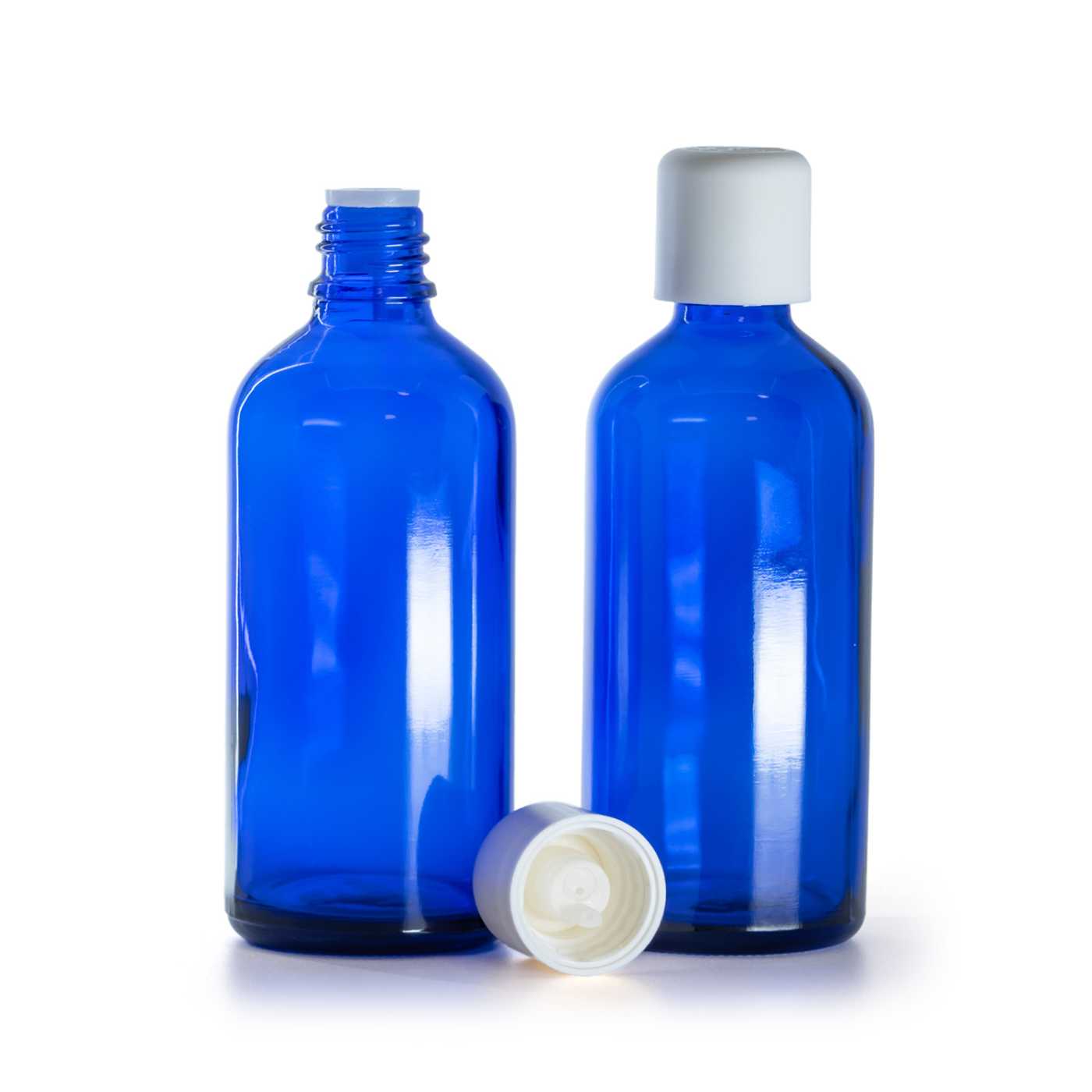 Butelka szklana, niebieska, biała nakrętka z zabezpieczeniem, 100 ml