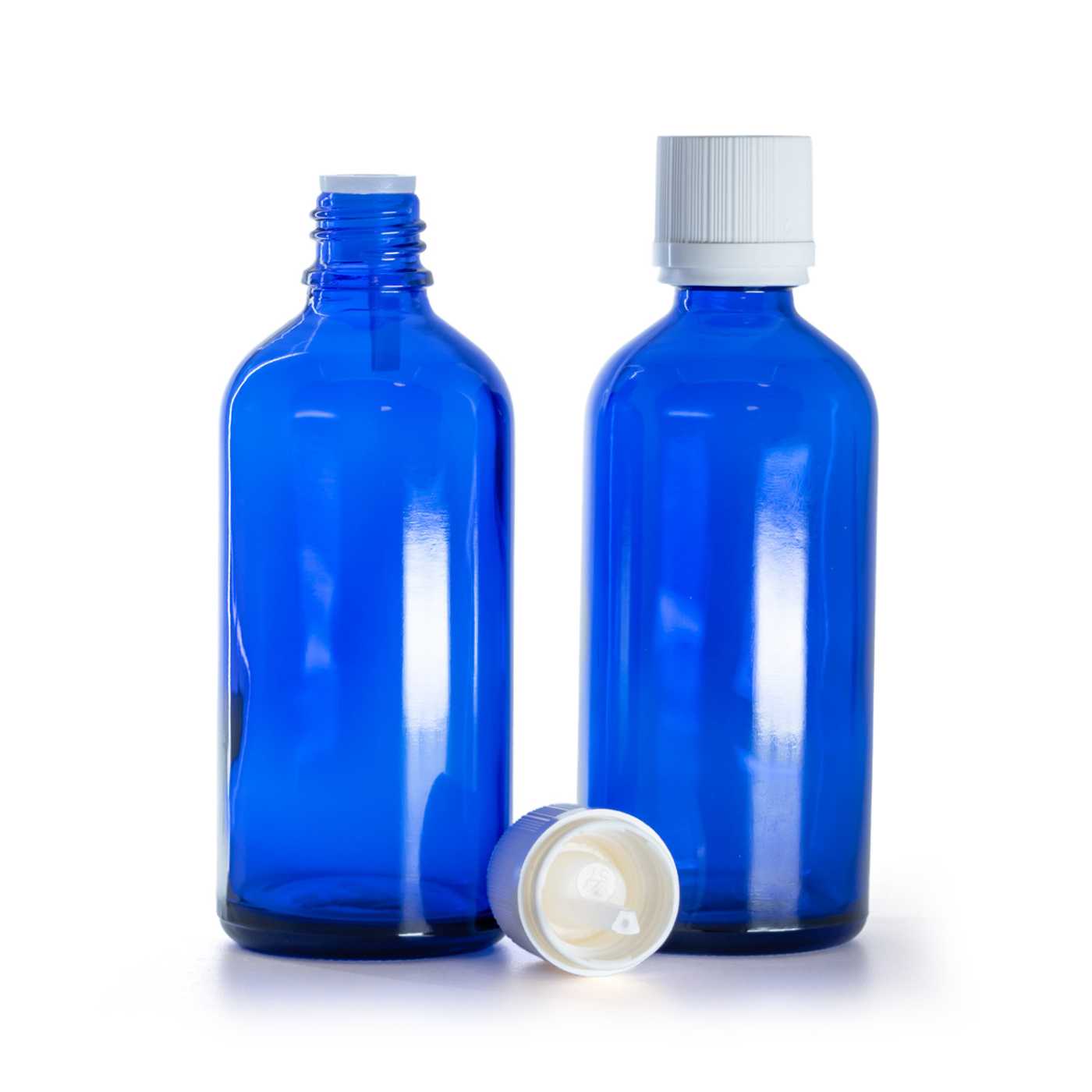 Botella de vidrio, azul, tapón de seguridad antimanipulación blanco con cuentagotas, 100 ml