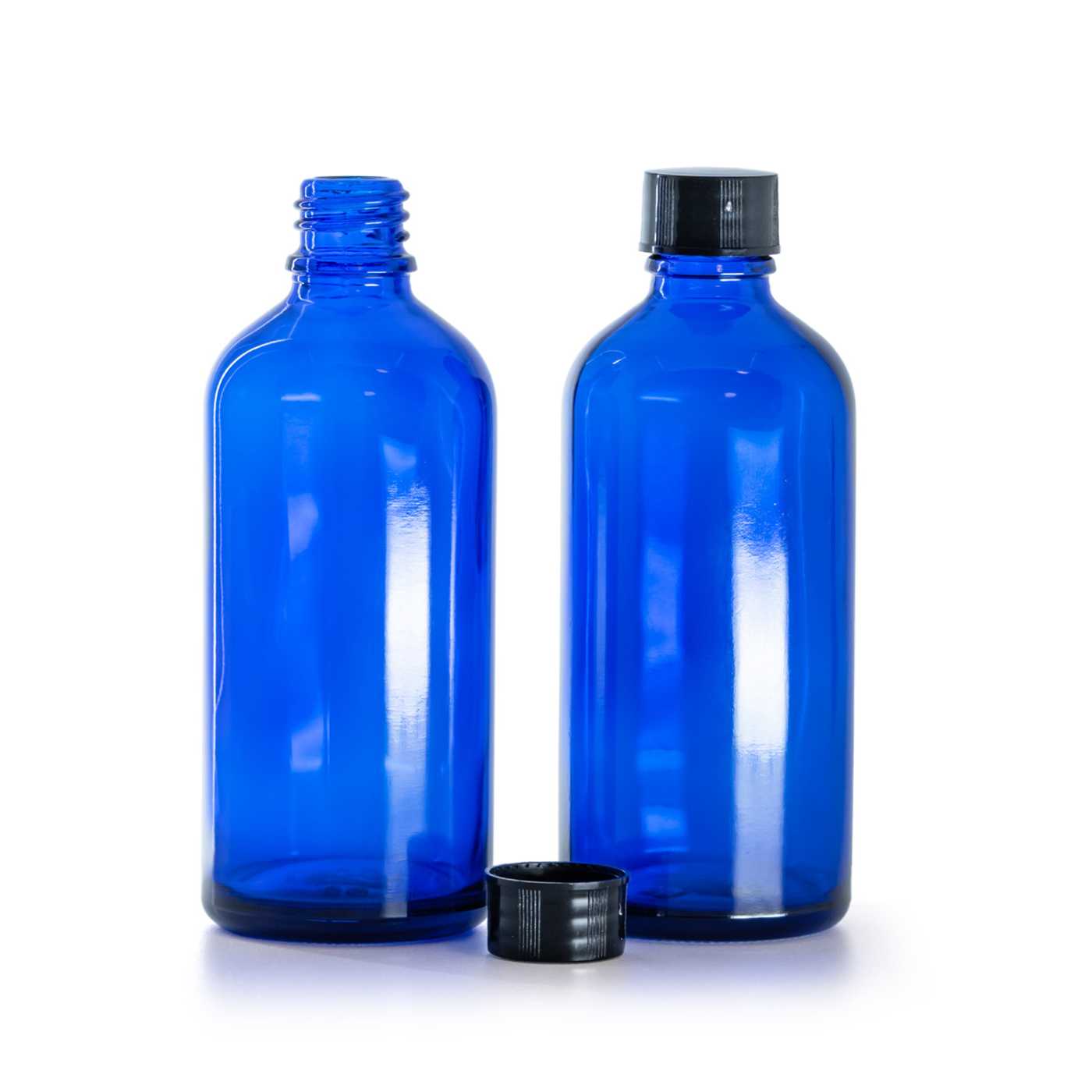 Butelka szklana, niebieska, czarna nakrętka, 100 ml