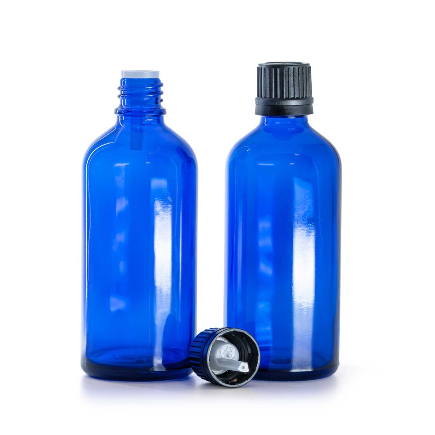 Frasco de vidrio azul, tapón negro con cuentagotas interior, 100 ml