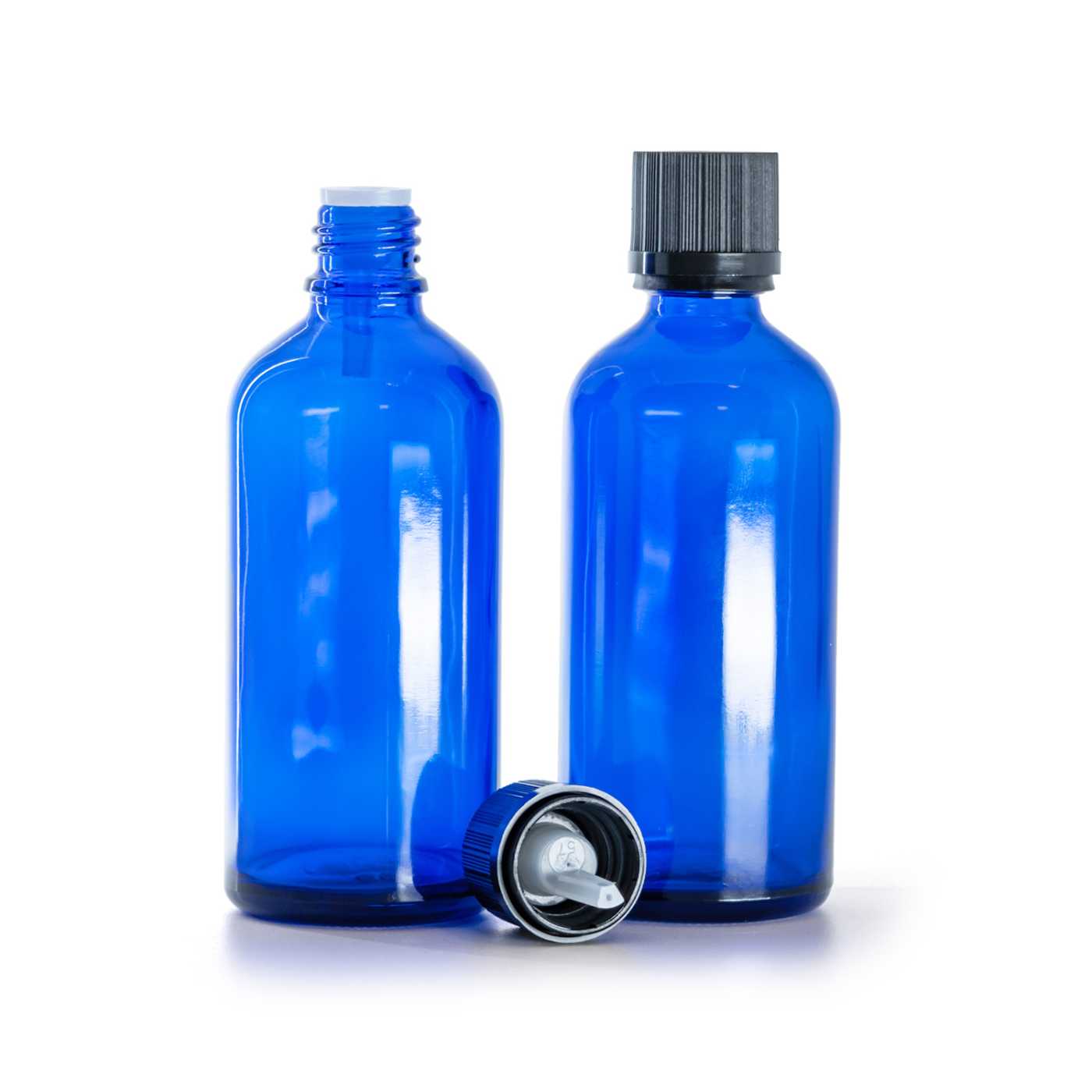 Botella de vidrio, azul, tapón de seguridad negro con cuentagotas, 100 ml