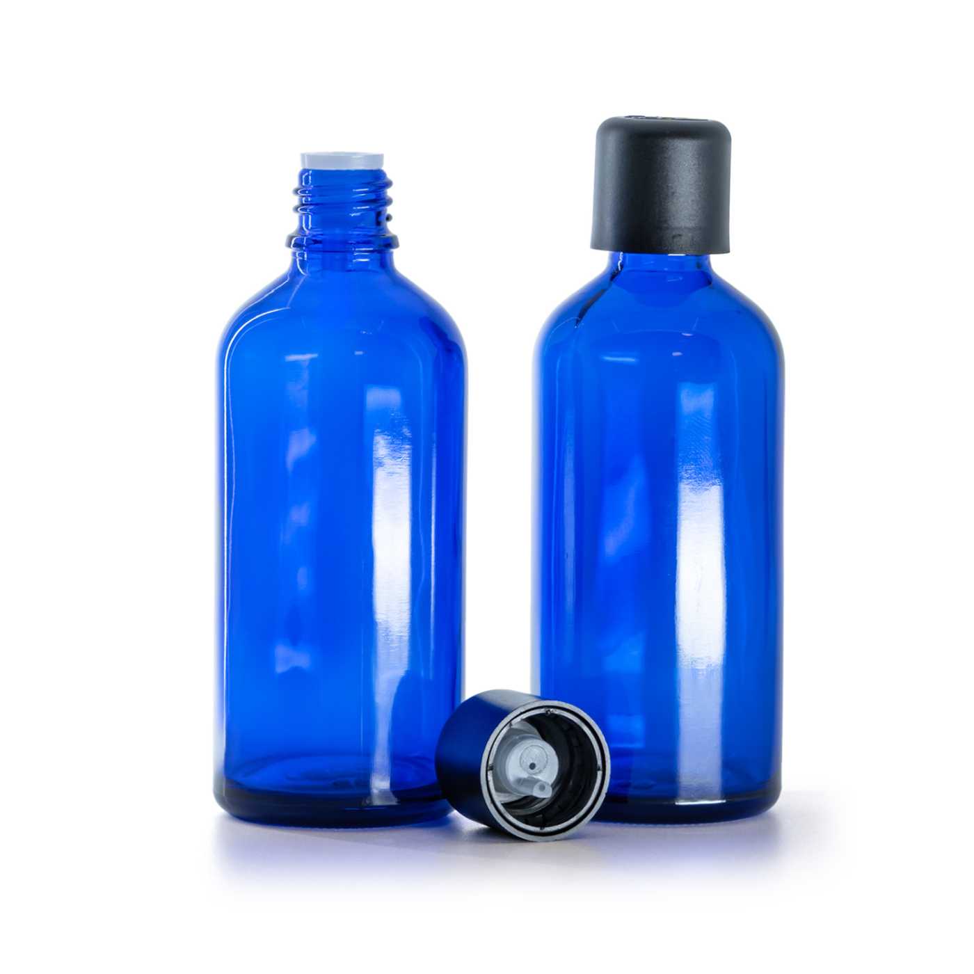 Butelka szklana, niebieska, czarna nakrętka z zabezpieczeniem, 100 ml