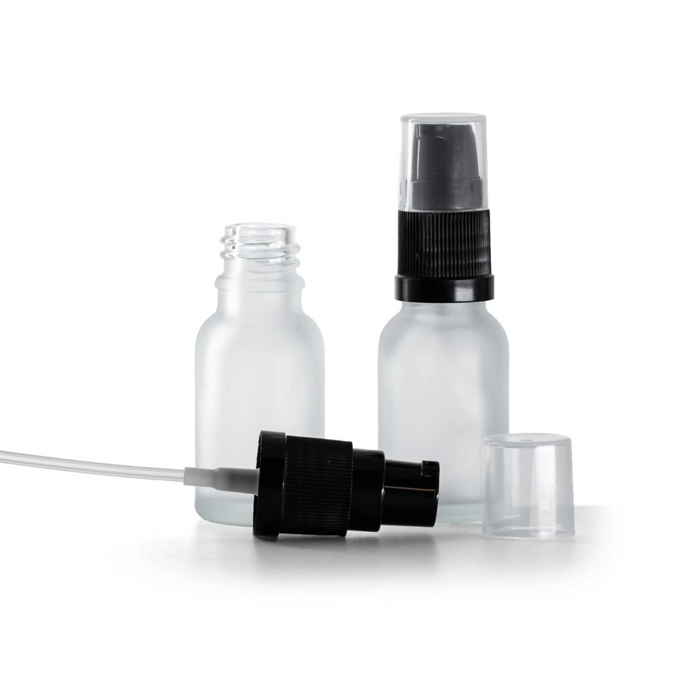 Skleněná lahvička, čirá matná, dávkovač krému, 15 ml