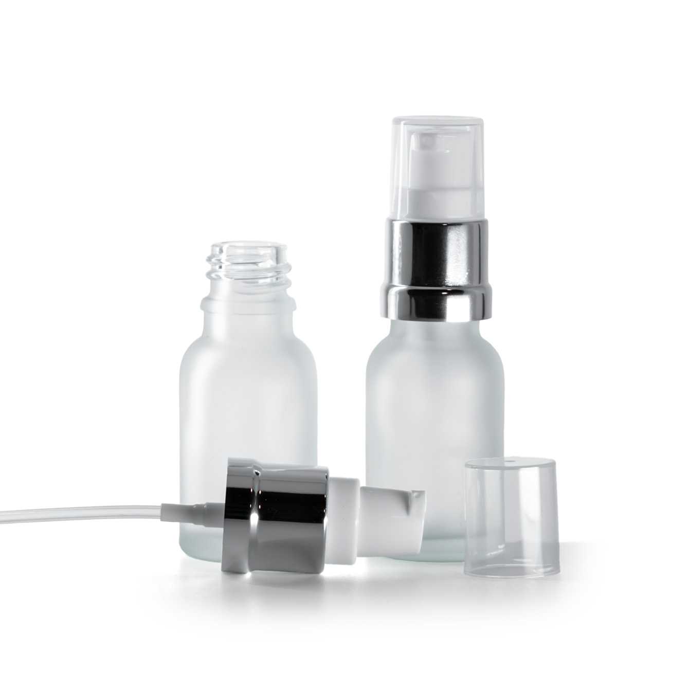 Sklenená fľaška, priehľadná, mliečna, bielo-strieborný lesklý dávkovač, 15 ml