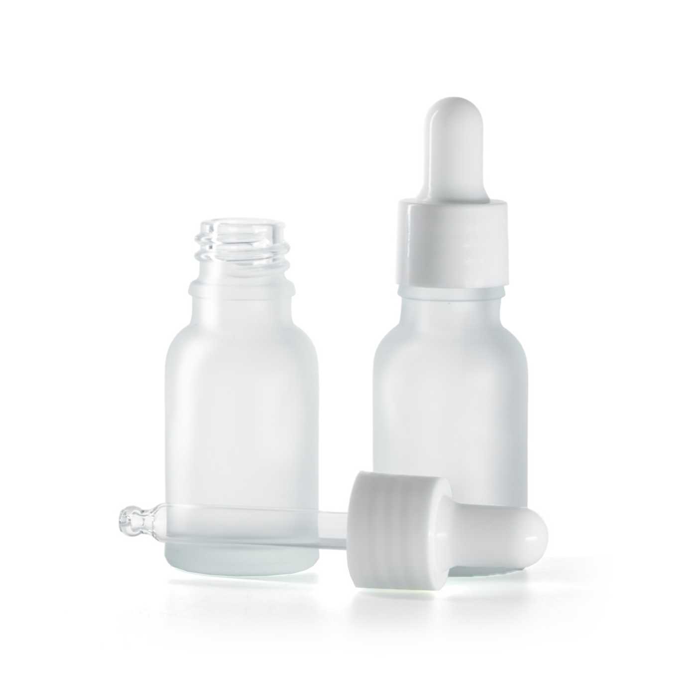Átlátszó matt üvegpalack fényes fehér pipettával, 15 ml