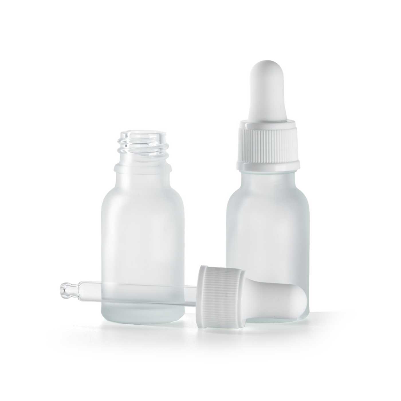 Sklenená fľaška, priehľadná, mliečna, biele matné kvapátko, 15 ml