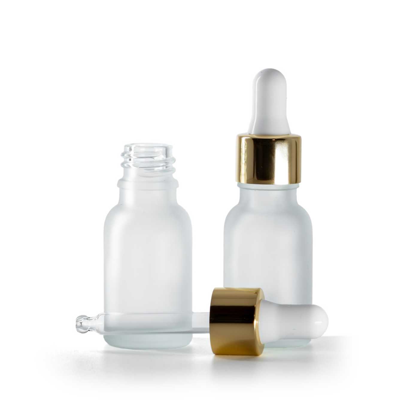 Átlátszó matt üvegpalack fehér-arany pipettás kupakkal, 15 ml
