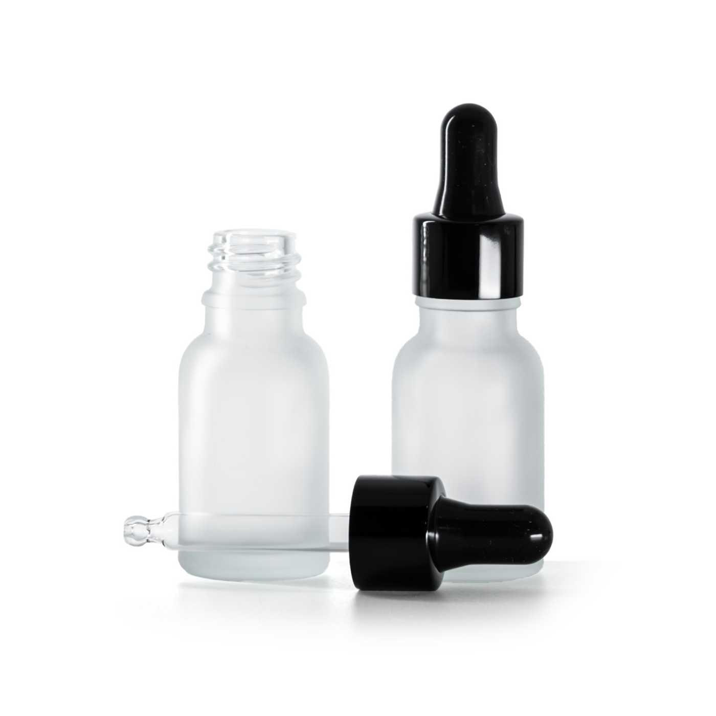 Sklenená fľaška, priehľadná, mliečna, čierne lesklé kvapátko, 15 ml