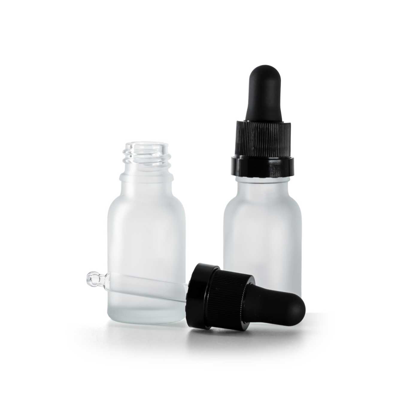 Sklenená fľaška, priehľadná, mliečna, čierne kvapátko s lesklým prúžkom, 15 ml