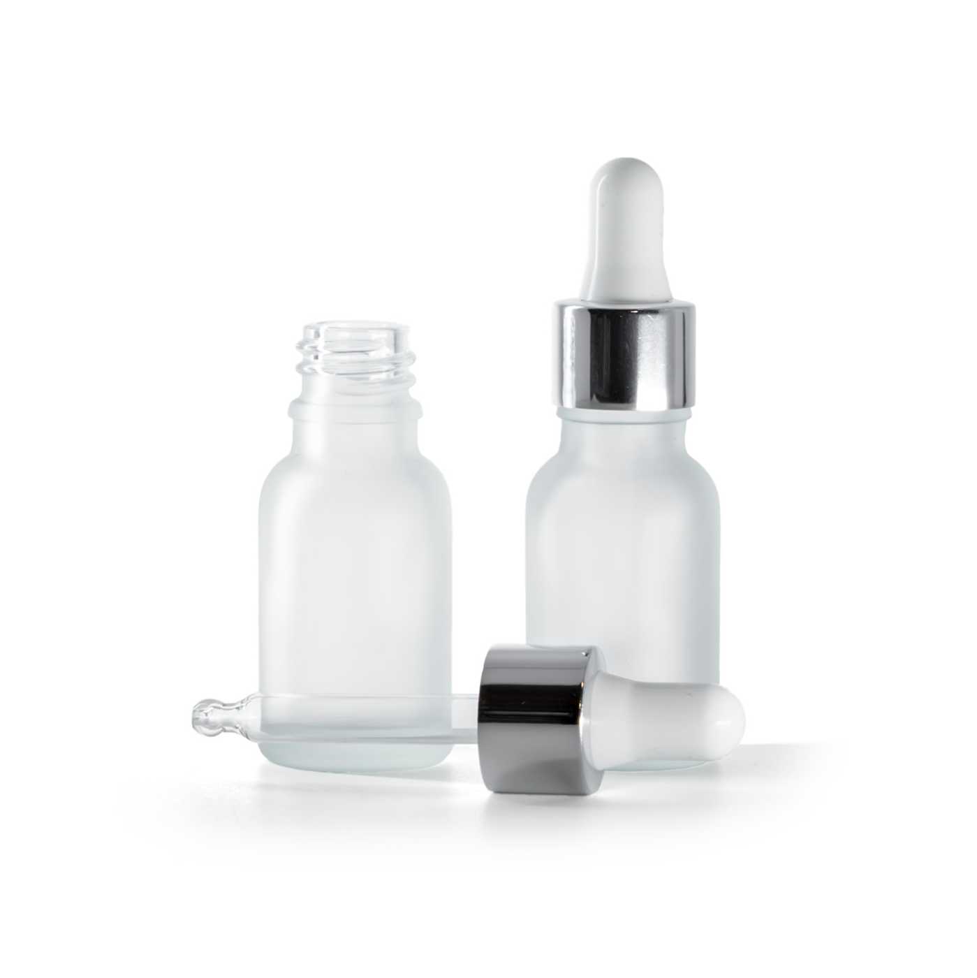 Butelka szklana, przezroczysta mleczna, kroplomierz srebrny, 15 ml