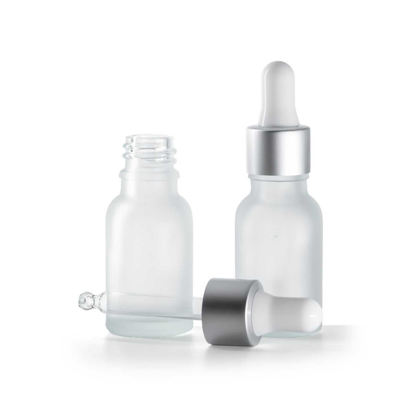 Butelka szklana, przezroczysta mleczna, kroplomierz srebrny matowy, 15 ml