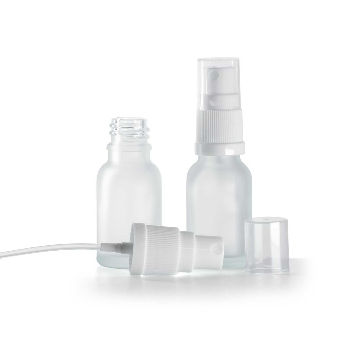 Sklenená fľaška, priehľadná, mliečna, biely rozprašovač, 15 ml