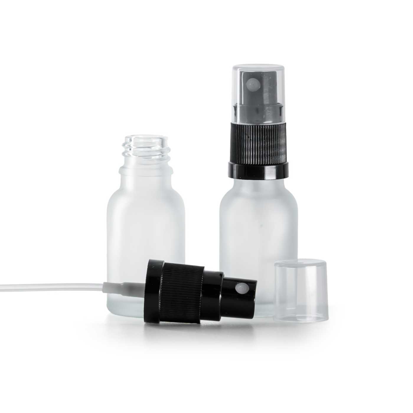 Butelka szklana, przezroczysta mleczna, czarny atomizer, 15 ml