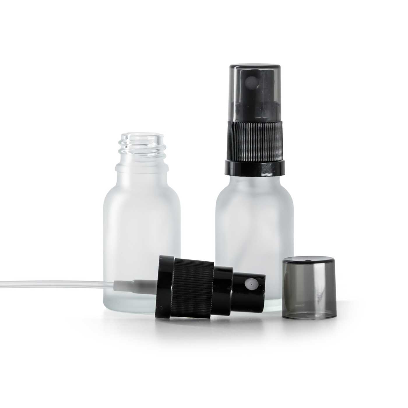 Butelka szklana, przezroczysta mleczna, czarny atomizer, przydymiony kapturek, 15 ml
