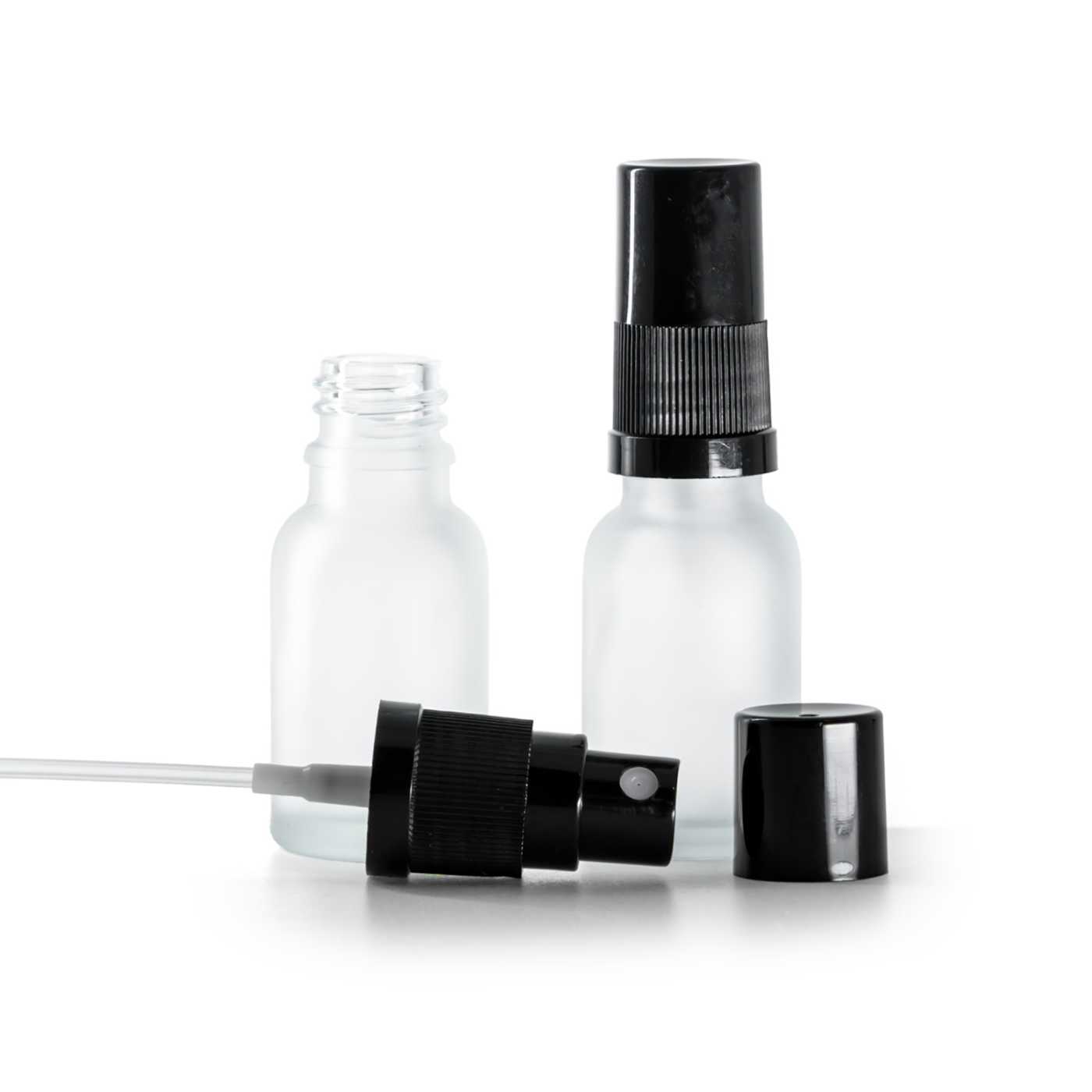 Butelka szklana, przezroczysta mleczna, czarny atomizer, czarny kapturek, 15 ml