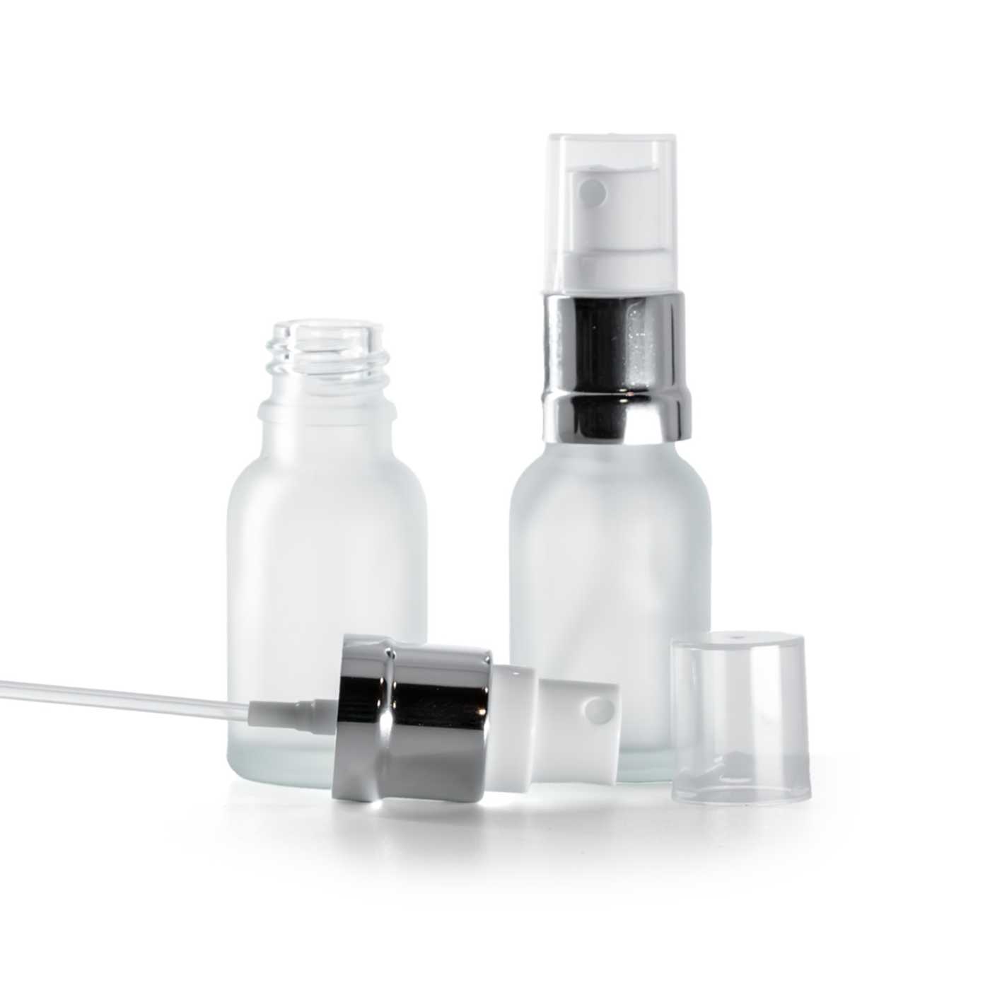 Átlátszó matt üvegpalack fehér-ezüst permetezővel 15 ml