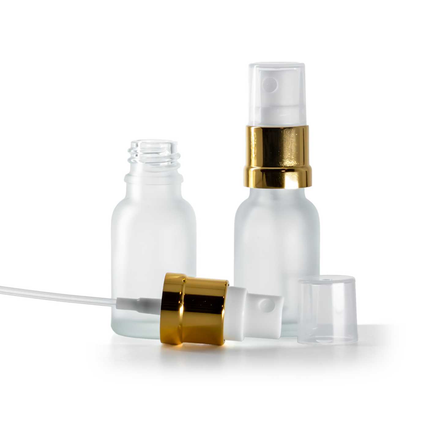 Sklenená fľaška, priehľadná, mliečna, bielo-zlatý rozprašovač, 15 ml