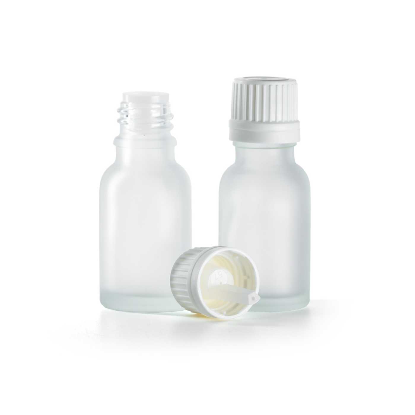 Sklenená fľaška, priehľadná, mliečna, biely vrchnák s kvapátkom, 15 ml