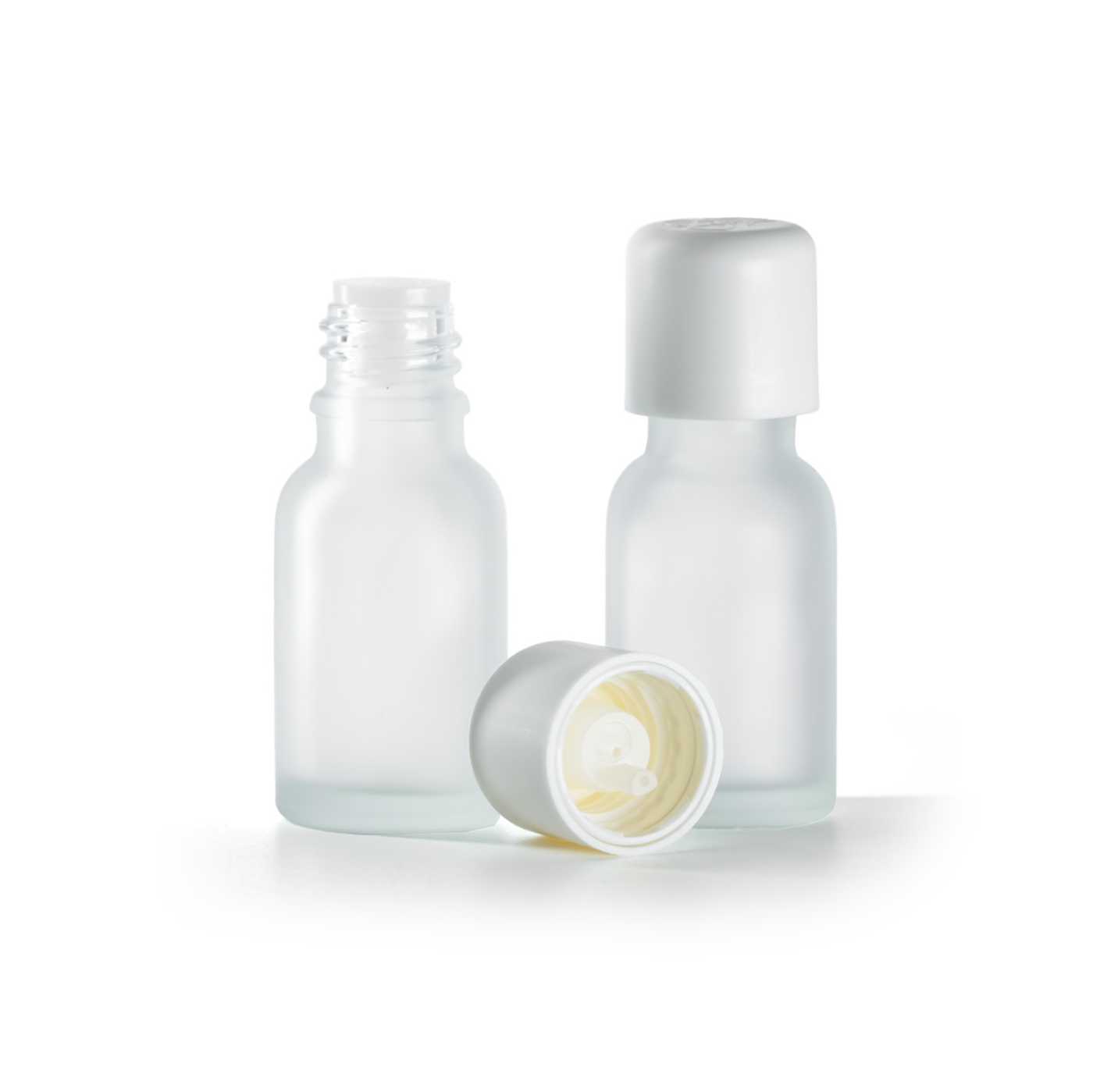 Sklenená fľaška, priehľadná, mliečna, biely vrchnák s poistkou, 15ml