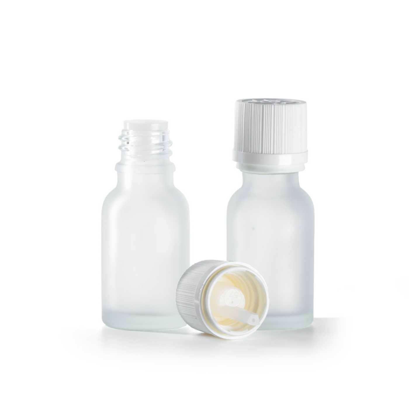 Átlátszó matt üvegpalack, fehér garanciazáras cseppentőzár, 15 ml