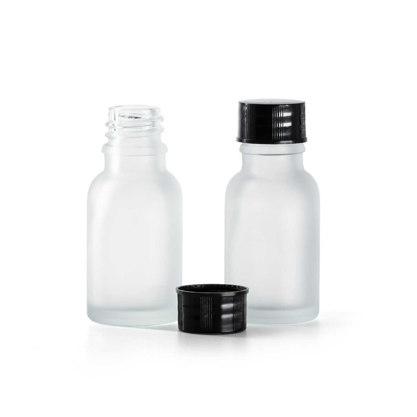 Butelka szklana, przezroczysta mleczna, czarna nakrętka, 15 ml