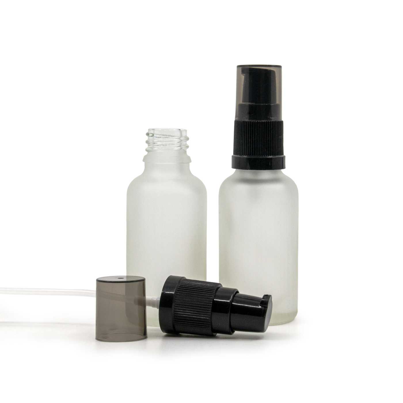 Butelka szklana, przezroczysta mleczna, pompka do kremów z przydymionym kapturkiem, 30 ml